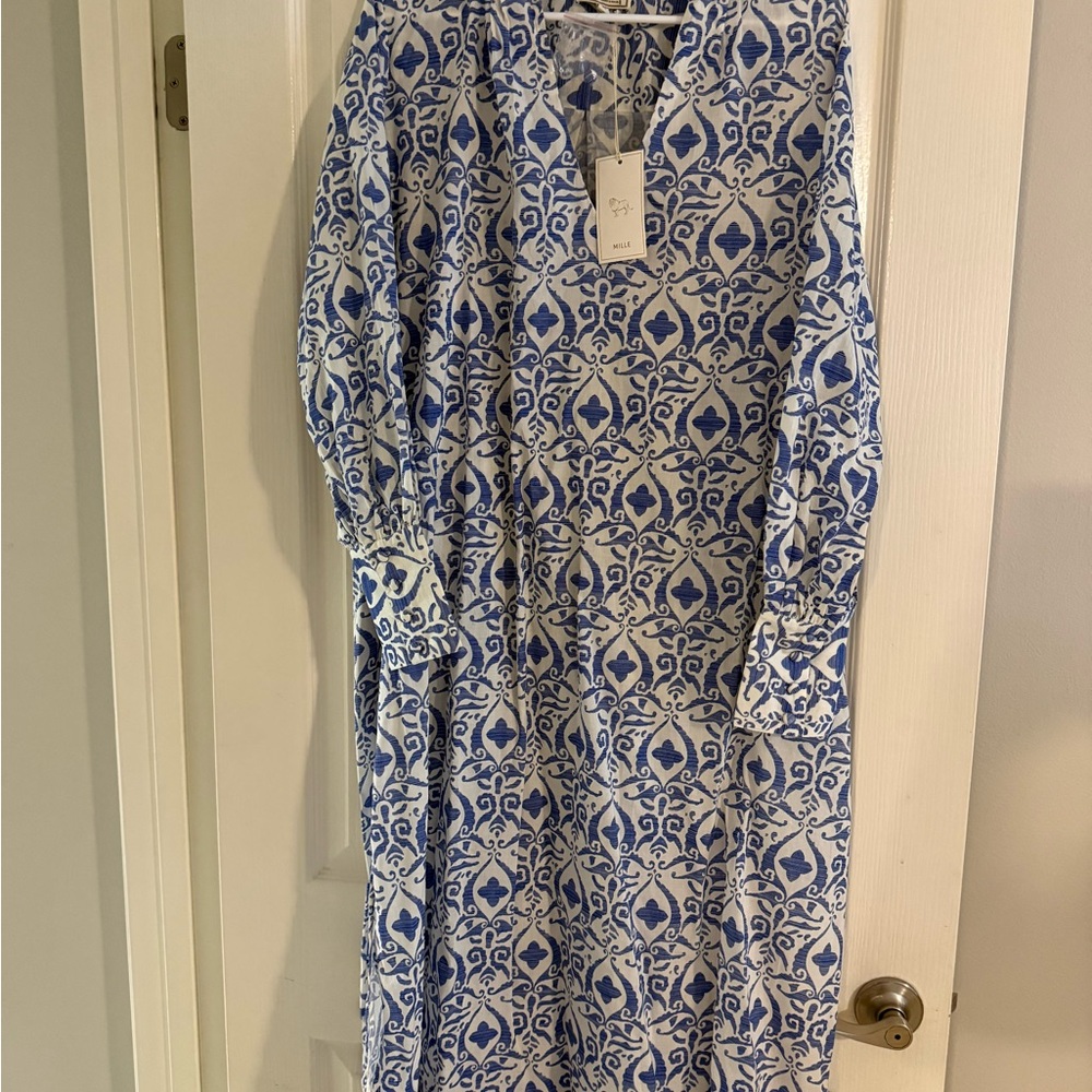 Mille Esther Long Sleeve Cotton Maxi Caftan Dress Capri Blue Tuckernuck size Med - Picture 2 of 5